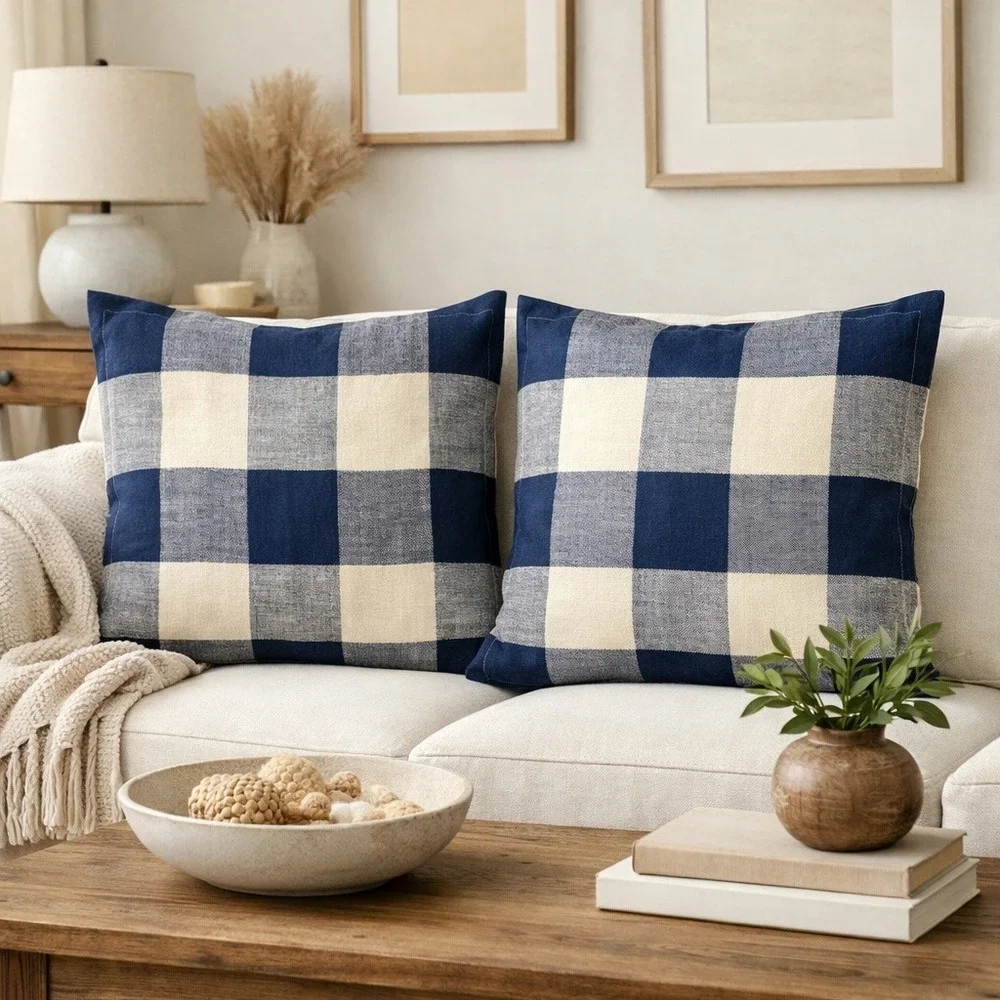 Pottery Barn x2 Euro Sham Pillow Covers Buffalo Check Blue Cream Cotton 26x26
